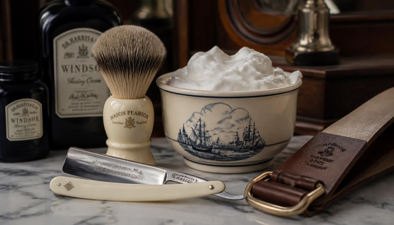 Classic wet shaving setup with straight razor, brush, and leather strop